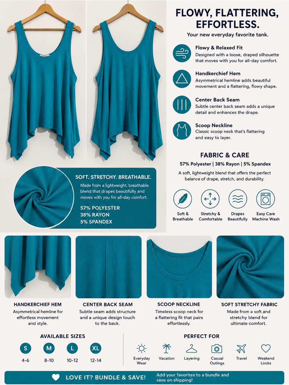 🆕 💥SALE💥 Blue Flowy Swing Tank Top Asymmetrical Hem Oversized Fit S M L XL - Picture 2 of 2